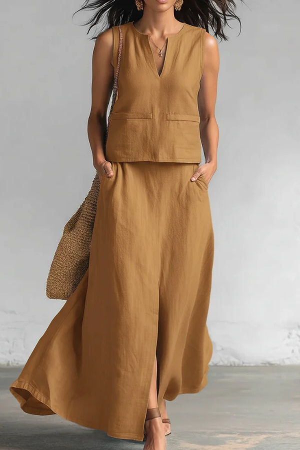 Linen Blend Loose V-neck Sleeveless Top and Elastic Waist Casual Pocket Midi Skirt Set