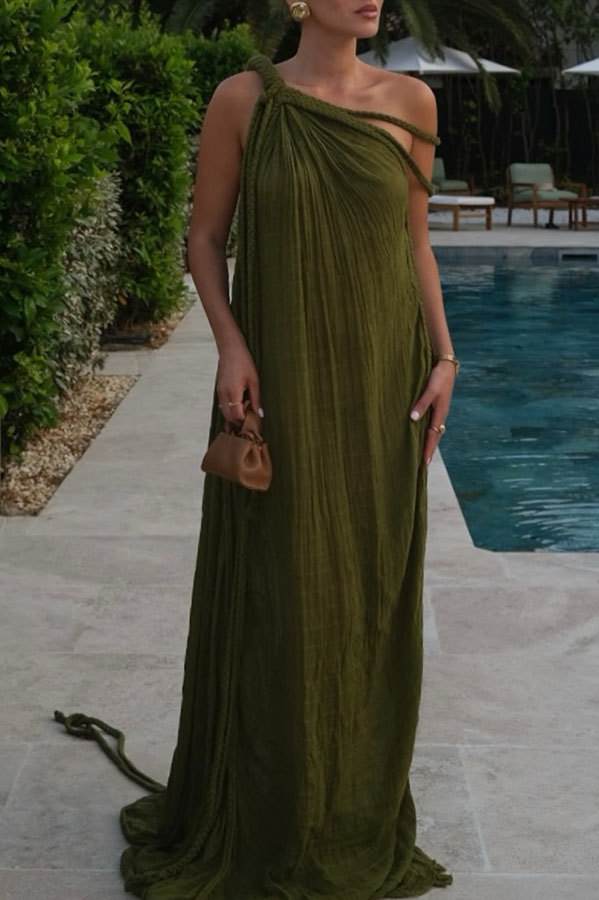 Khloe Linen Blend One Shoulder Draped Braids Cover Up Maxi Dress
