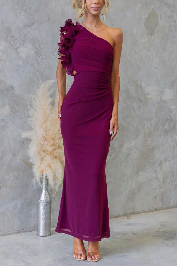 Fashionable Mesh Sleeveless One-shoulder Waist-revealing Maxi Dress