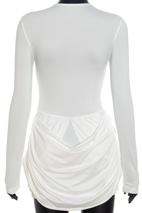 Almond Cutout Dome Hardware Draped Wrap Tulip Hem Long Sleeve Mini Dress
