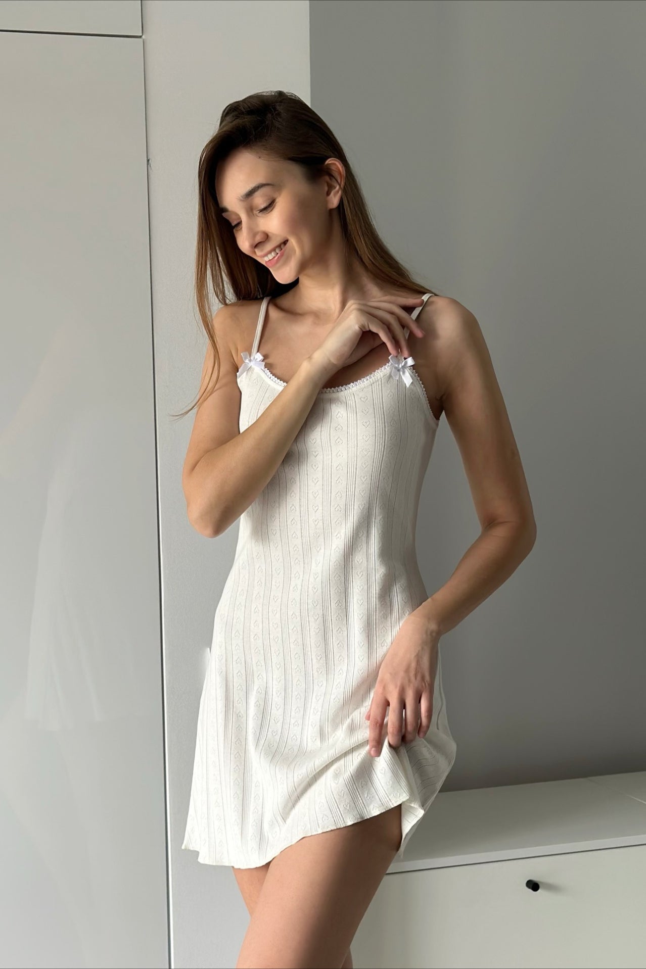 Pointelle Heart Knit Scalloped Lace Trim Bow Spaghetti Strap Mini Dress