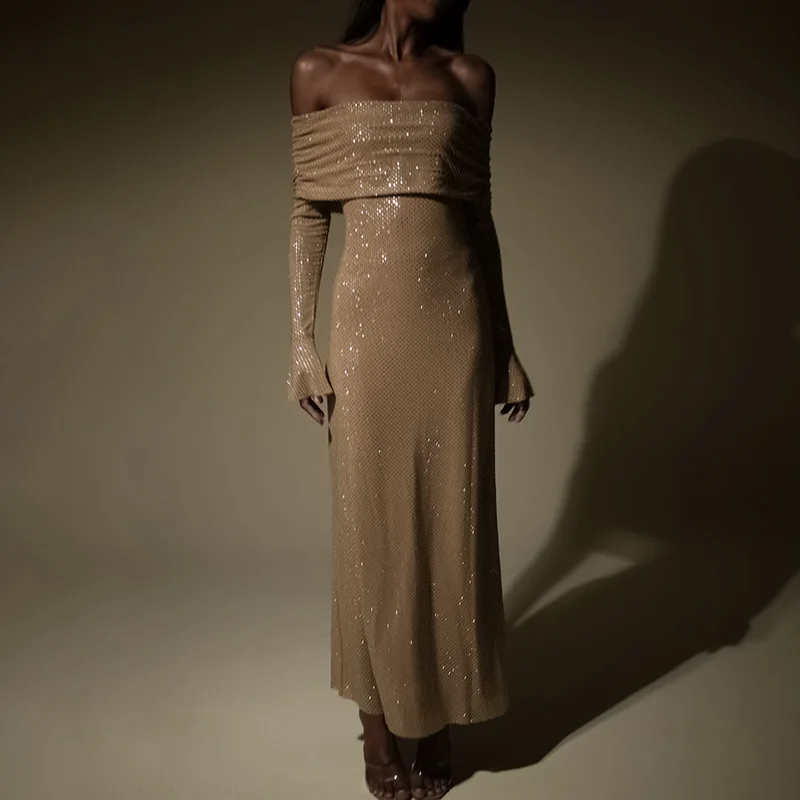 Ootddress Luxury Sequin Fashion Maxi Dress Female Off-Shoulder Pleated Slim Glitter Long Sleeve Backless Party Dress Gown Ladies