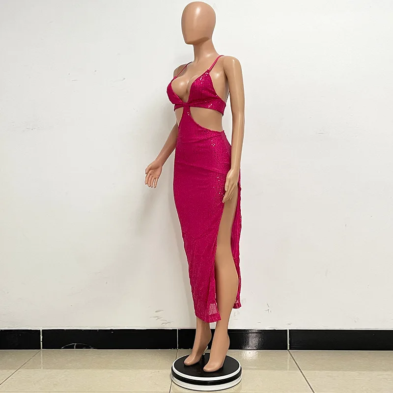 Sexy Hollow High Waist Slit Evening Dress Fashion Sequined Backless Sleeveless Elegant Party Dresses Solid Long Graduation Dress 122 undefined