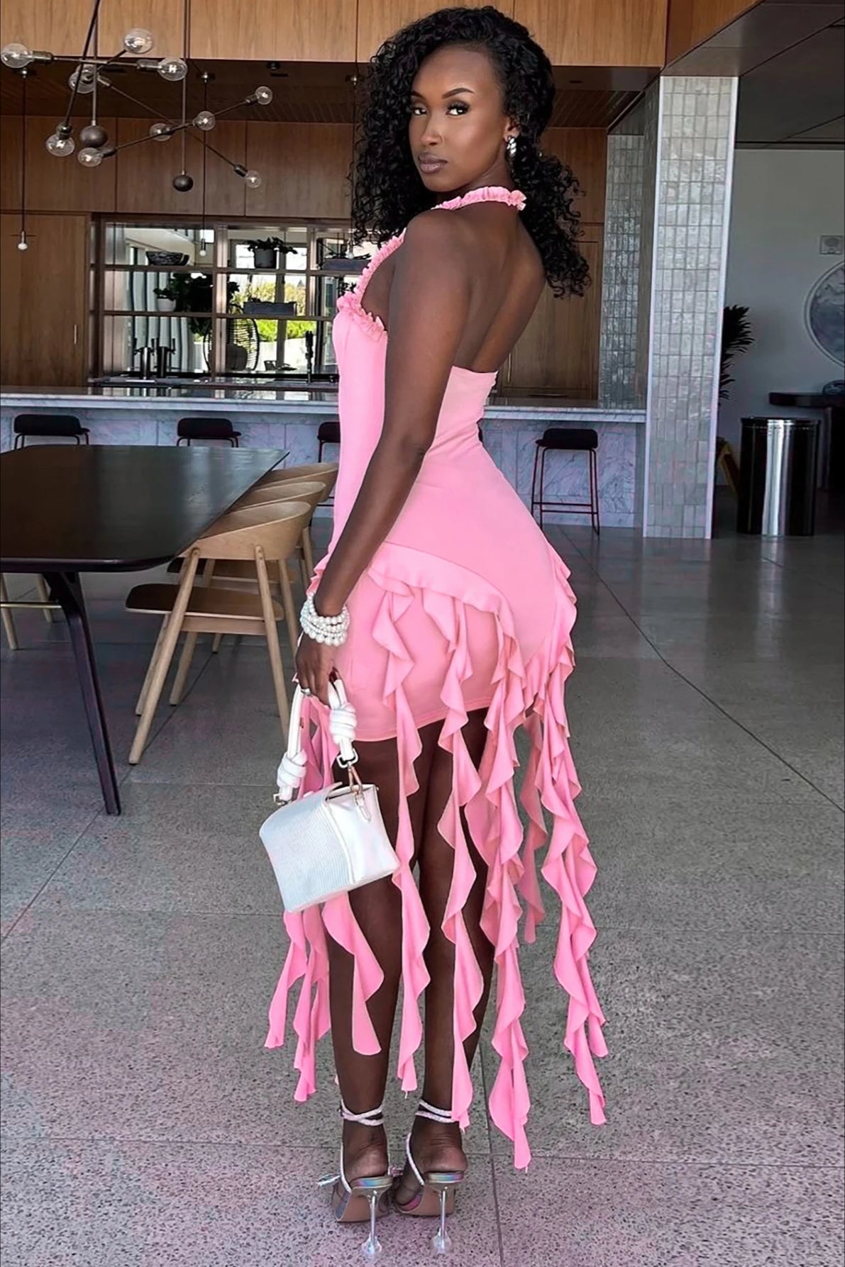 One Shoulder Cascading Ruffle Panel Bodycon Mini Dress