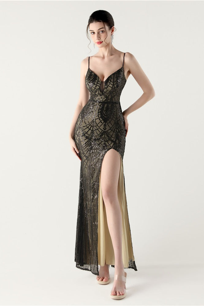 Sequin V-Neck Cross Strap Mermaid Maxi Dress