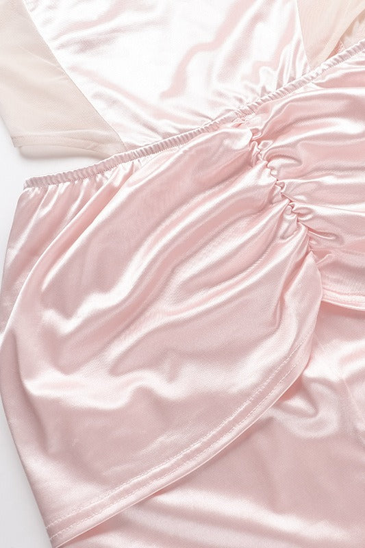 Satin One Shoulder Corset Rosette Side Cut Out Draped High Split Gown
