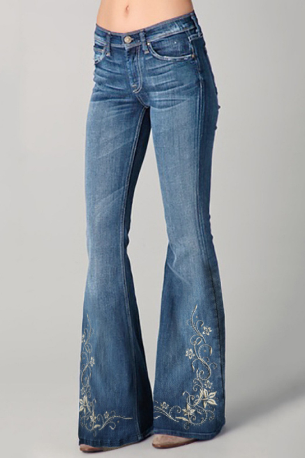 Unique Printed High-waisted Pocket Casual Flared Jeans