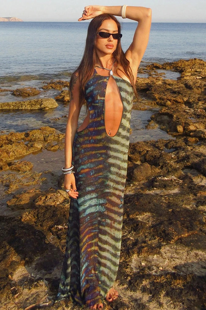 Tiger Stripe Print Halter Keyhole Cutout Bodycon Maxi Dress