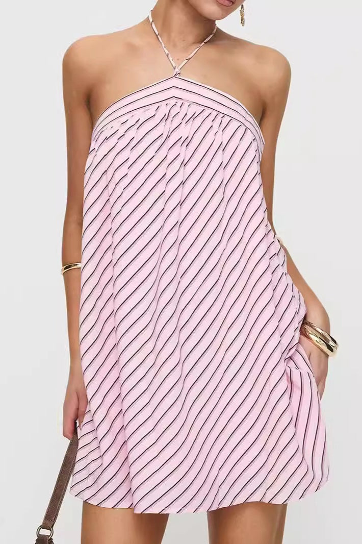 Diagonal Stripe Halter Backless Trapeze Mini Dress