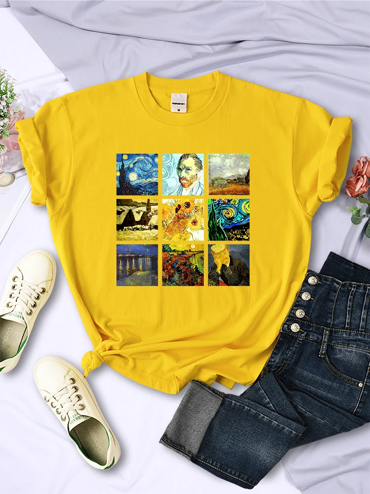Van Gogh Works Sanskrit Printed Female Tops Breathable Casual T Shirts Fashion Summer Short Sleeve Women Crewneck Street Tshirt
