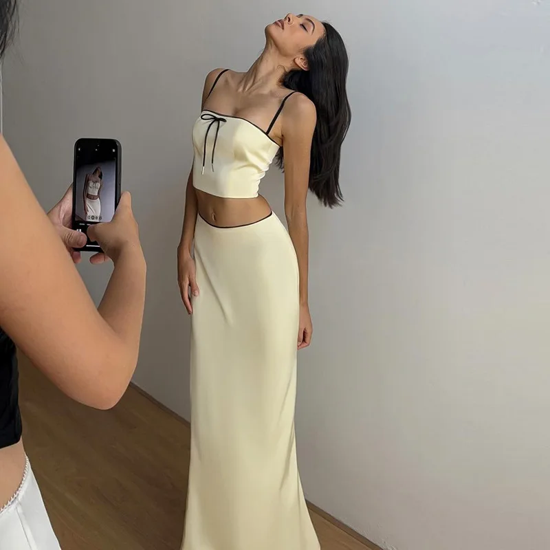 Ootddress Women's Solid Color Slim Fit With Exposed Navel Set Suspender Vest High Waisted Skirt Lady New Fashion Party Clothing 2025
