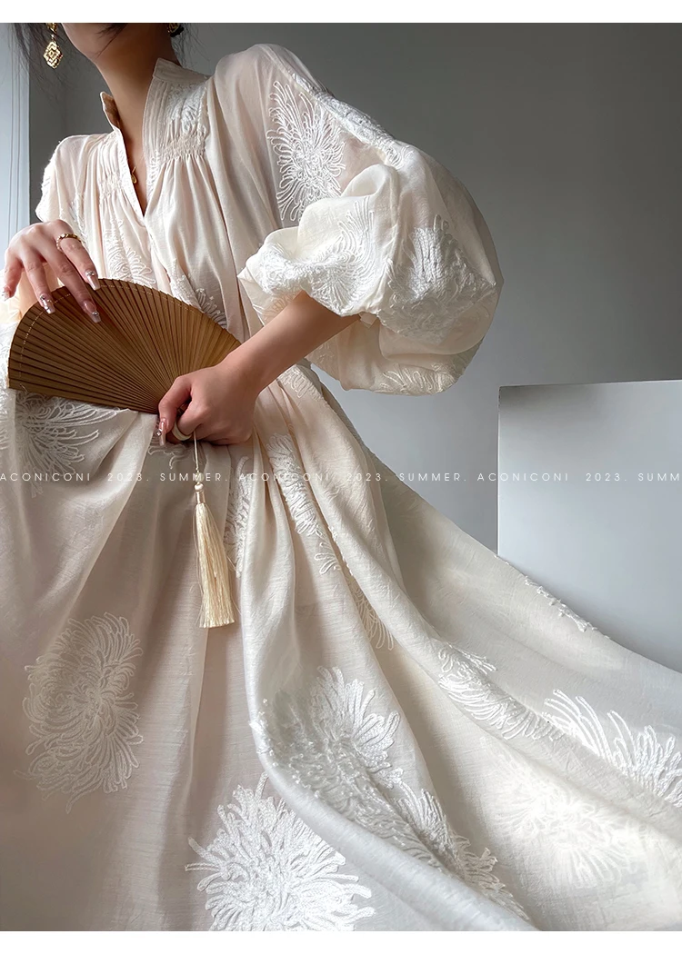 Spring Women Embroidery Evening Party Dresses Elegant Lantern Sleeve Vintage Casual A-Line Dress Female Fashion Vestidos Robe
