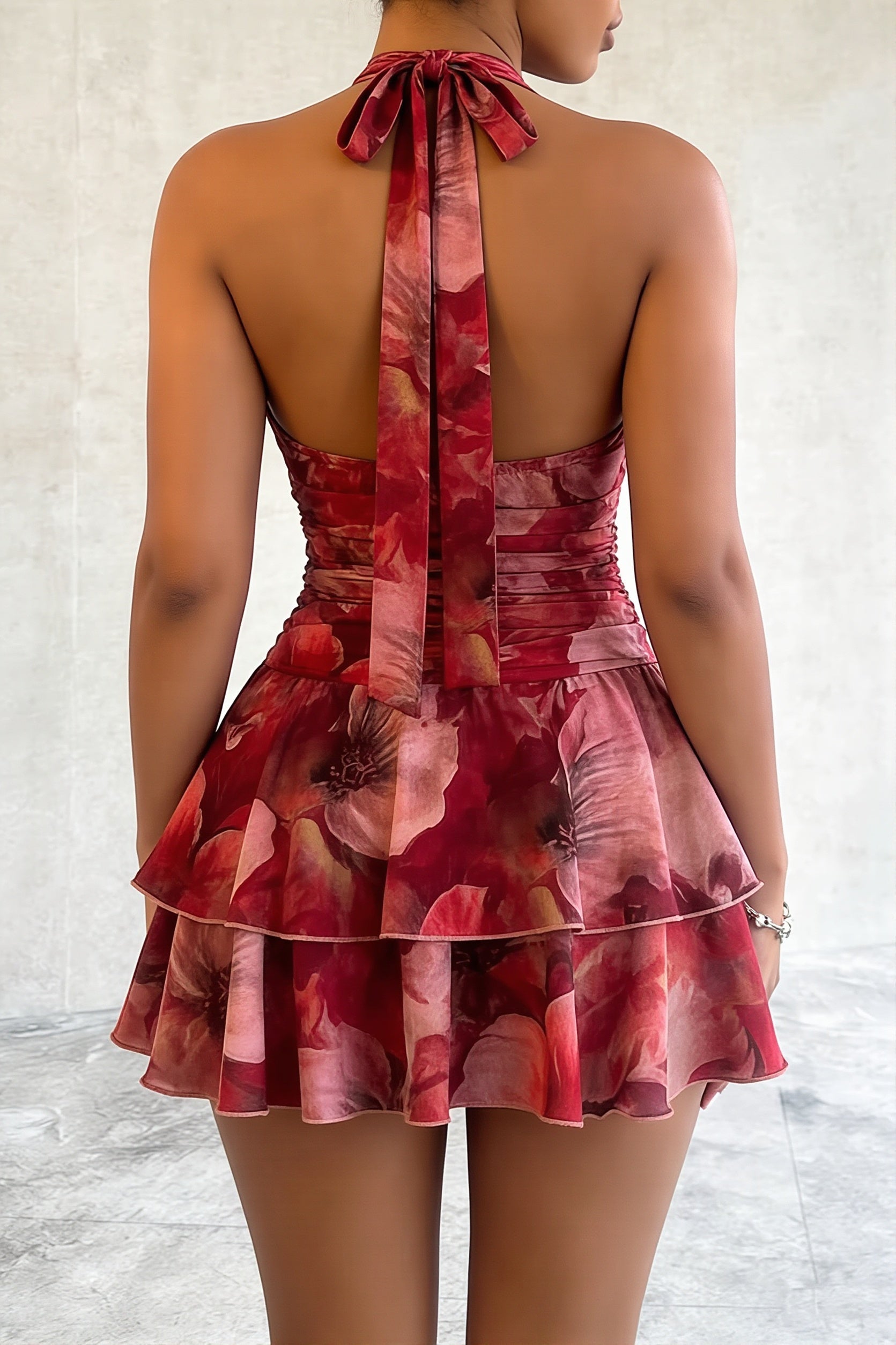 Floral Print Halter Plunge V-Neck Ruched Tiered Ruffle Mini Dress