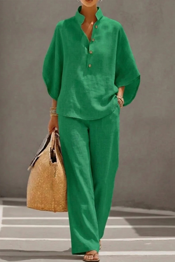 Linen Blend Solid Color Button-down Loose Top and Elastic Waist Pocket Casual Pants Set