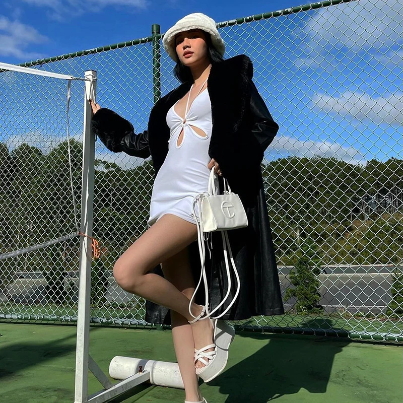 Ootddress White Hollow Out Mini Dresses Summer Sexy Bodycon Backless Party Dress Skinny Sleeveless Night Club Beach Dress