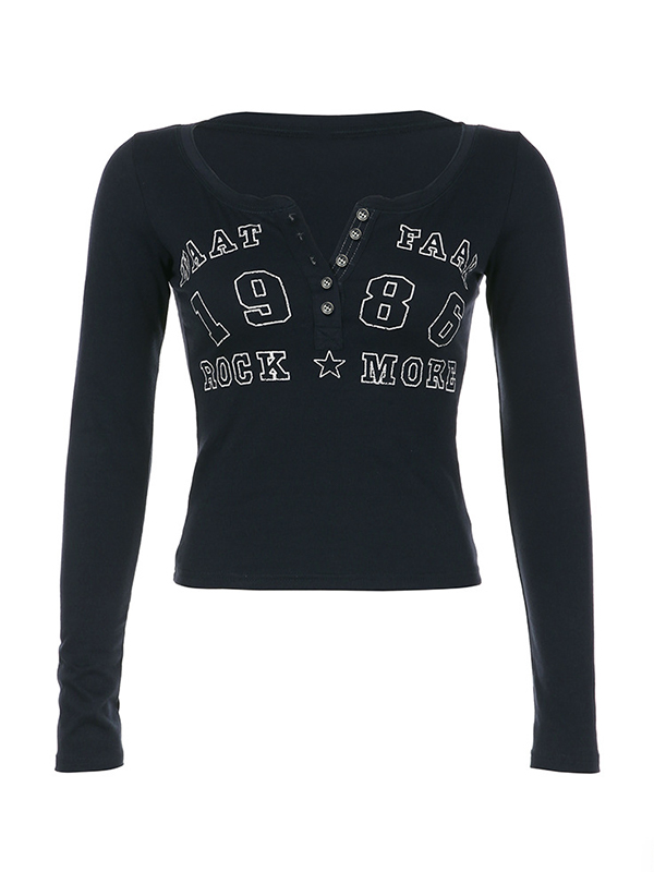 Number Letter Print Breasted Slim Long Sleeve Tee