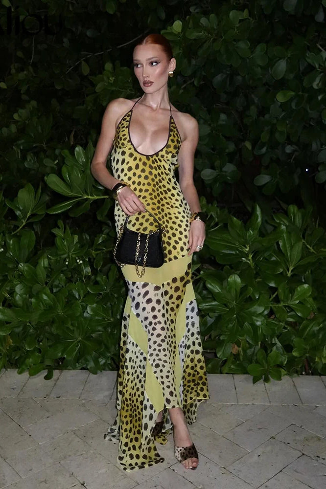 Cross Halter Keyhole Spot Print Bodycon Maxi Dress