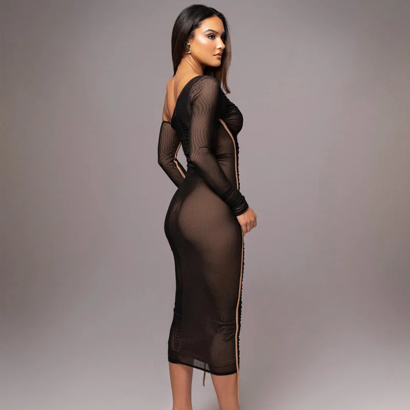 Ootddress White Mesh Off-Shoulder Maxi Dress Female Long Sleeve Patchwork Fashion Contrast Summer Backless Ladies Party Long Dress