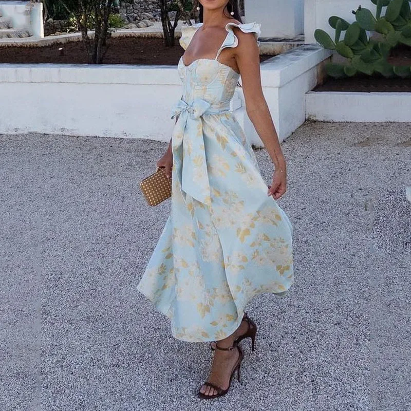 Flowers Print Sleeveless Long Dresses Women Sexy Low Cut Backless Bowknot Leace-up Slit Dress Temperament Lady Vestidos 2025 New