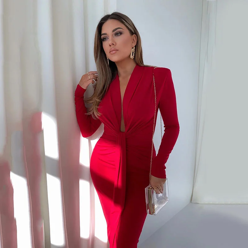 Ootddress Elegant Deep V Neck Full Sleeve Long Dress For Women Robe Fashion Autumn New Irregular Ruched Bodycon Midi Dress