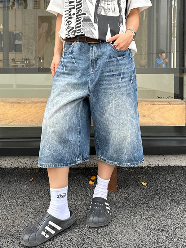 Vintage Washed Lightning Bolt Pattern Denim Shorts