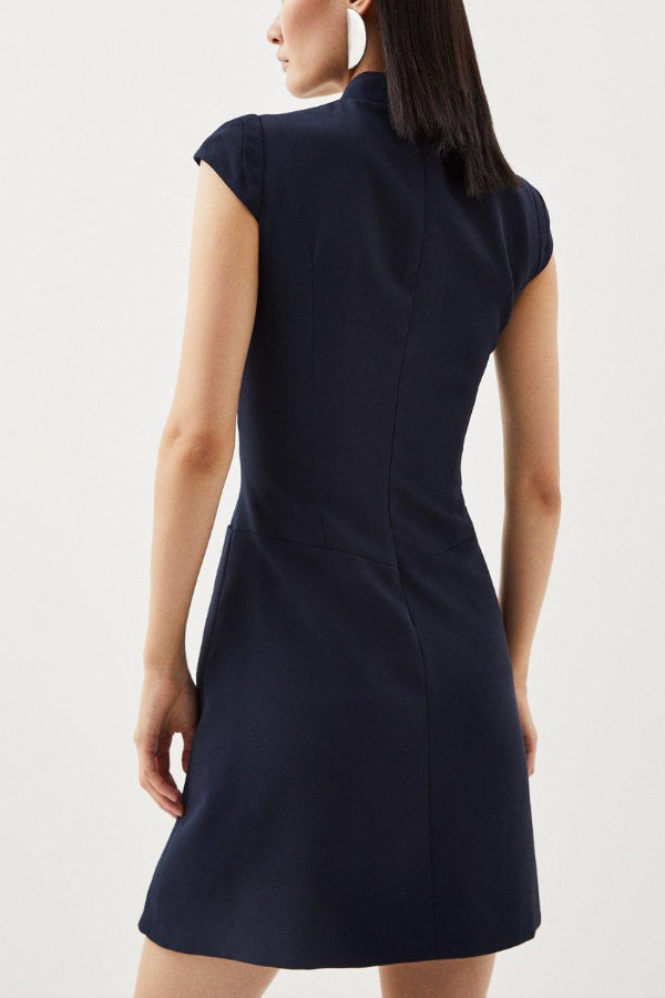 Mock Neck Cap Sleeve Asymmetrical Pleated Overlay Mini Dress