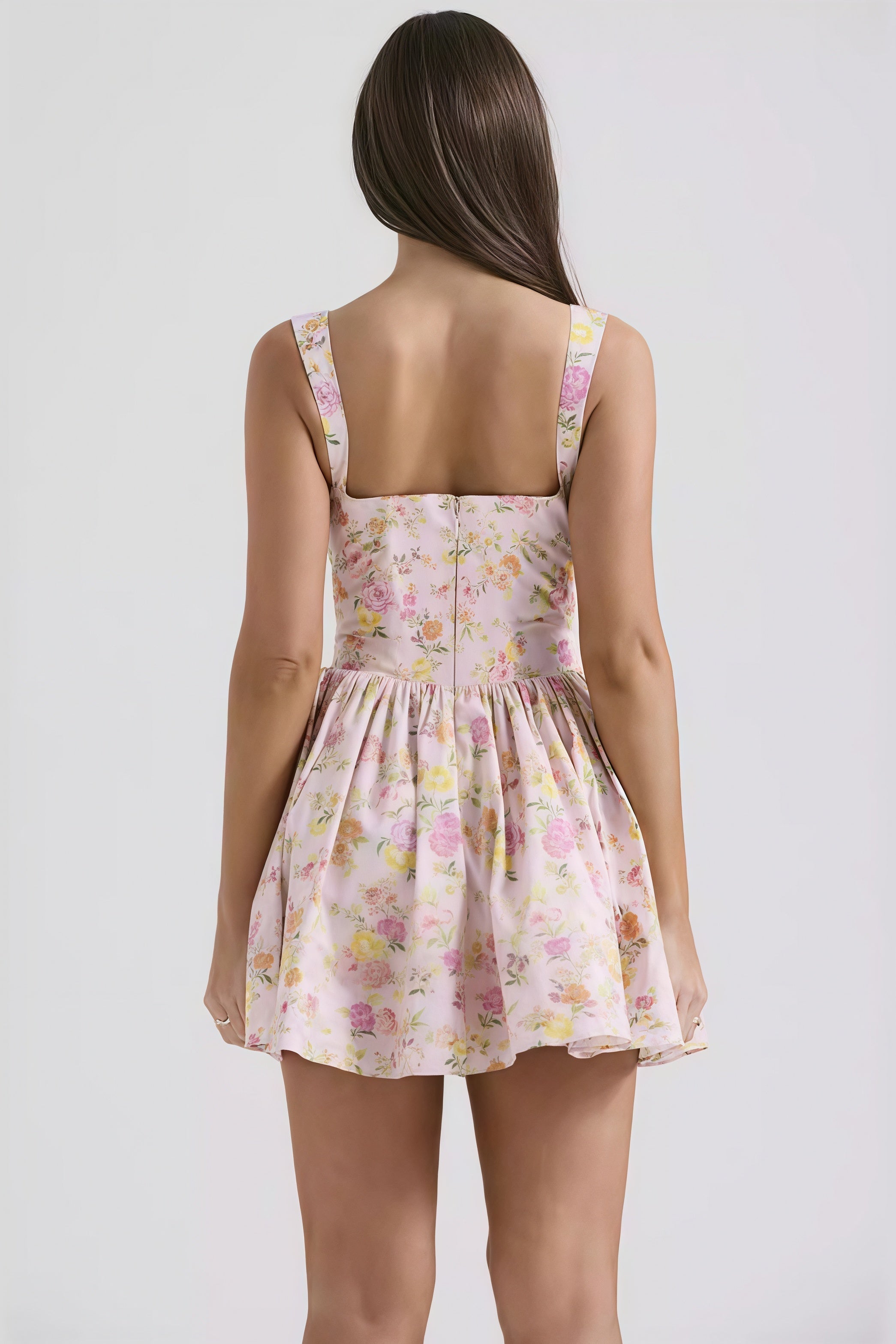 Corset Bodice Tie Front Ruffle Neckline Fit and Flare Floral Cami Mini Dress