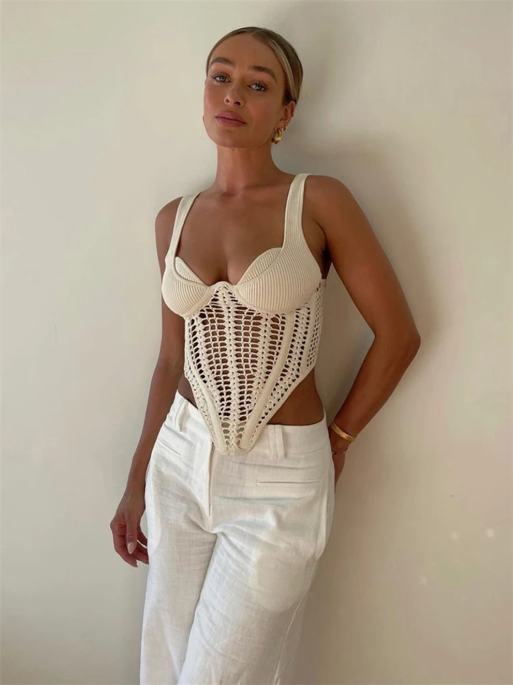 Ootddress Fishbone Waist Crocheted Knitted Crop Tops Women Vest Tee 2025 Summer Sexy Sleeveless Hollow Out Y2K Tops Corset Top