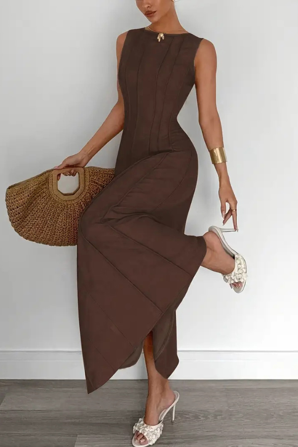 Solid Color Round Neck Sleeveless Elegant Pleated Casual Maxi Dress