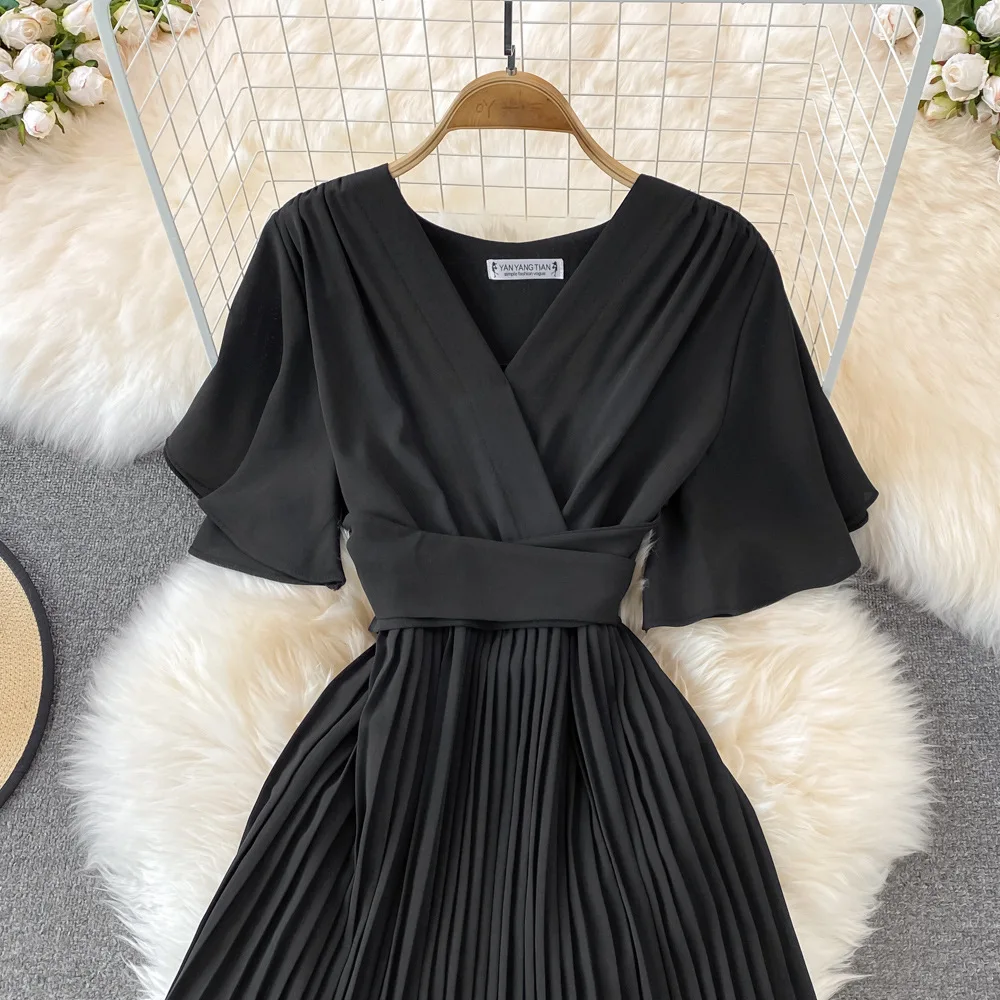 Women Elegant Pleated Dress Summer Short Sleeve V-neck Vintage Dresses Ladies A Line High Waisted Midi Dress