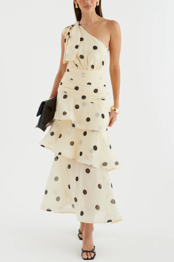 Fashionable Polka Dot Print One-shoulder Sleeveless Layered Mesh Maxi Dress