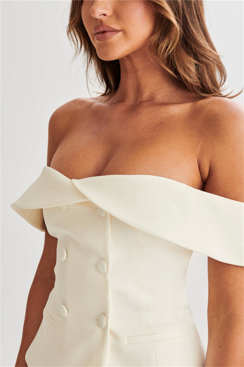 Off Shoulder Double Breasted Pleated Skirt Two Piece Set