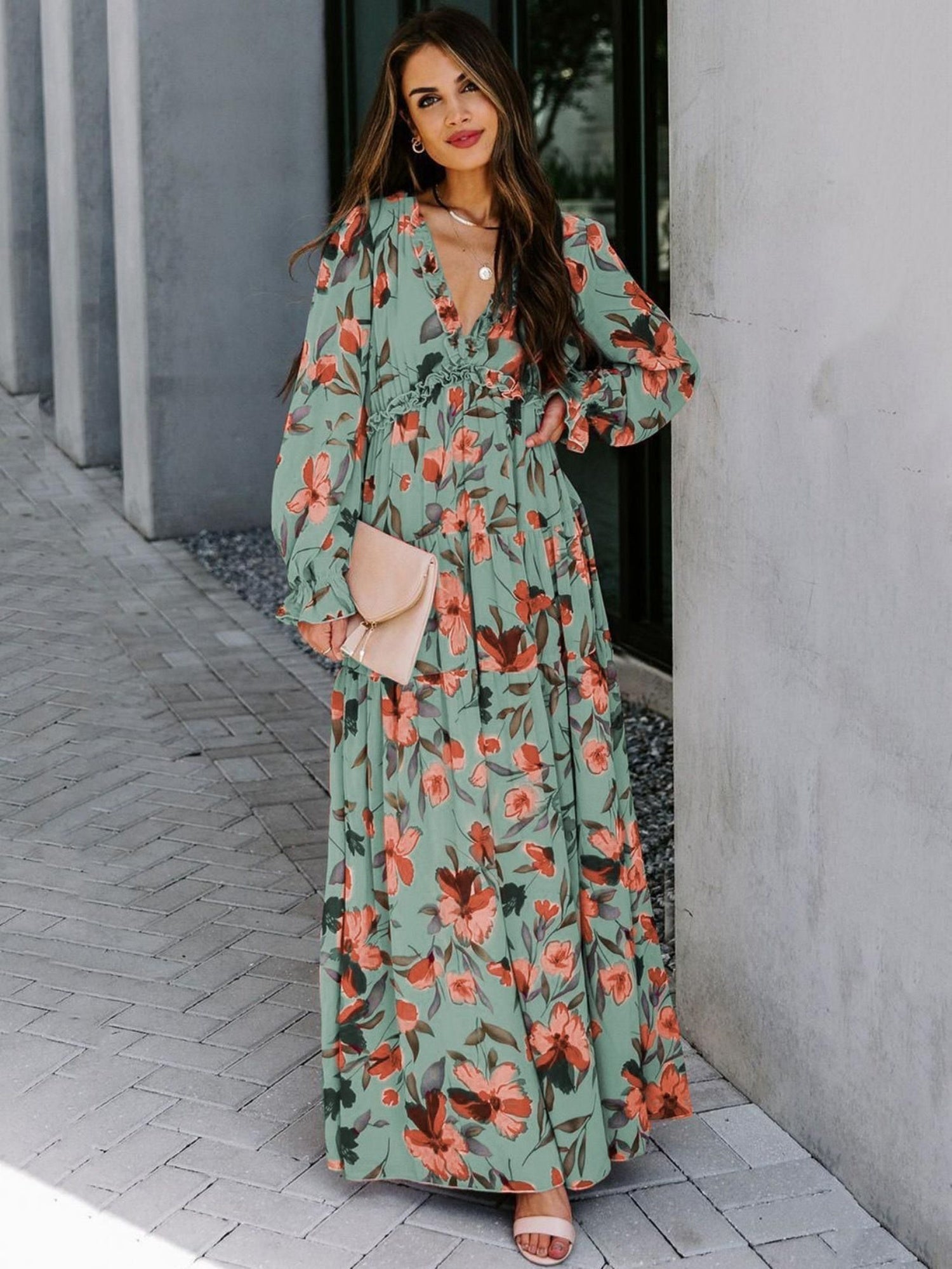 Floral Print V-neck Lantern Sleeves Maxi Dresses