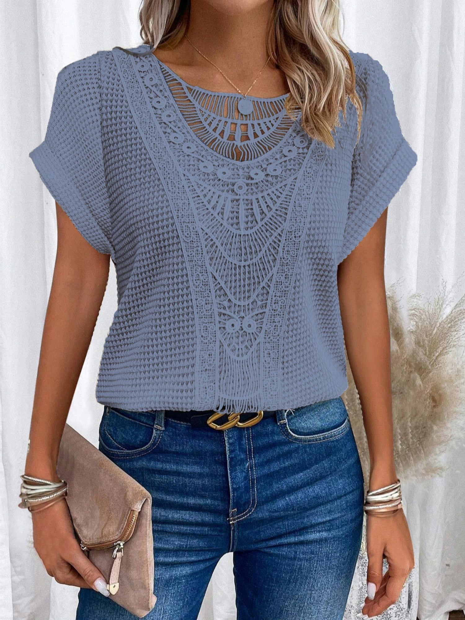 Openwork Lace Crew Neck Patchwork Cropped T-shirt