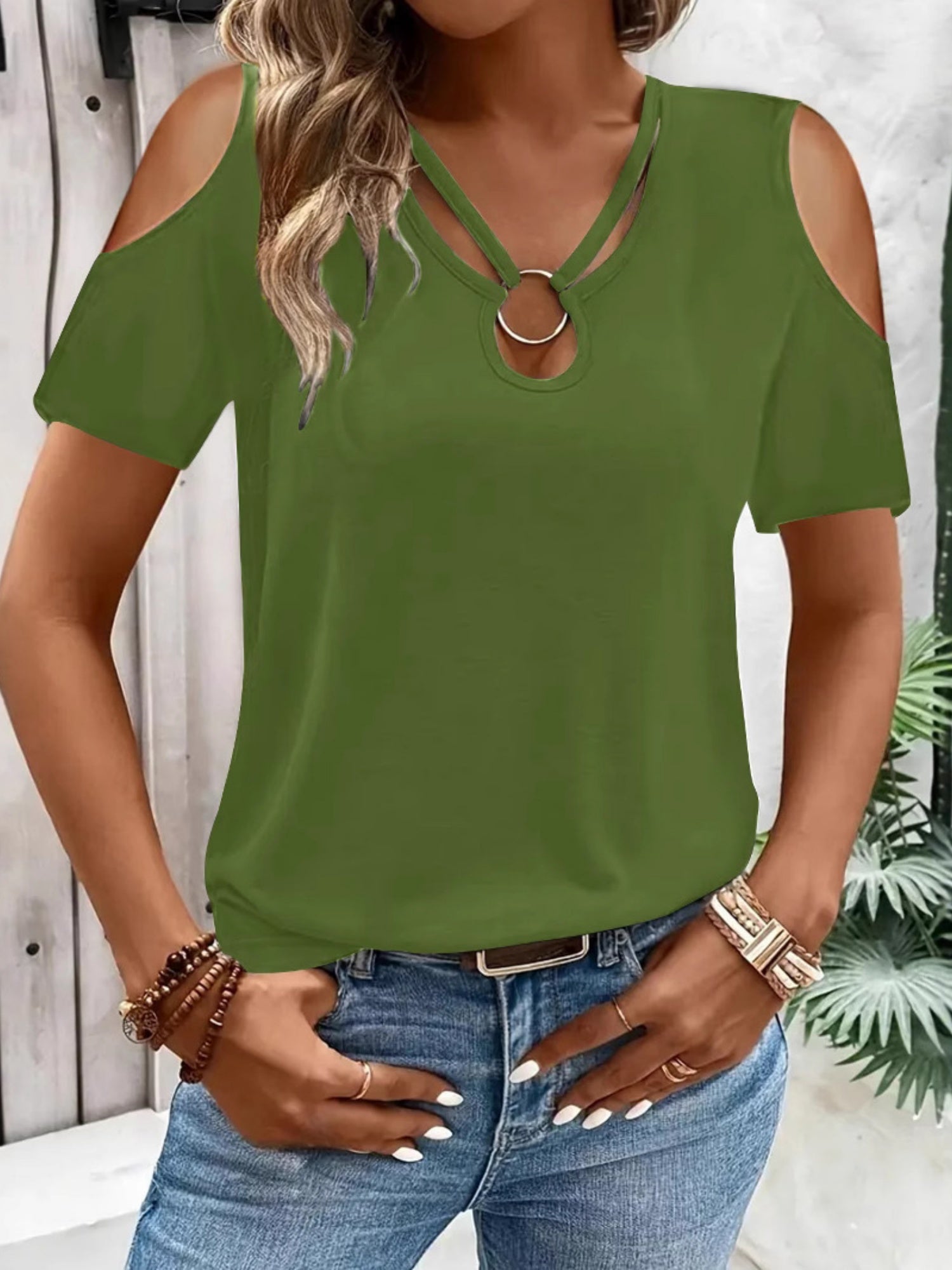 Hollowed-out Cross Off-shoulder V-neck Short Sleeve T-shirts