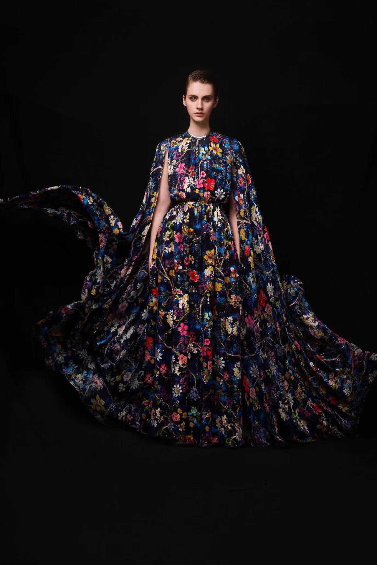 Botanical Floral Print Mock Neck Cape Sleeve Maxi Dress