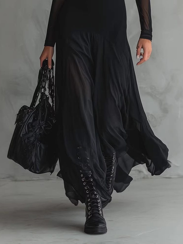 Pleated Mesh Patchwork Long Dress