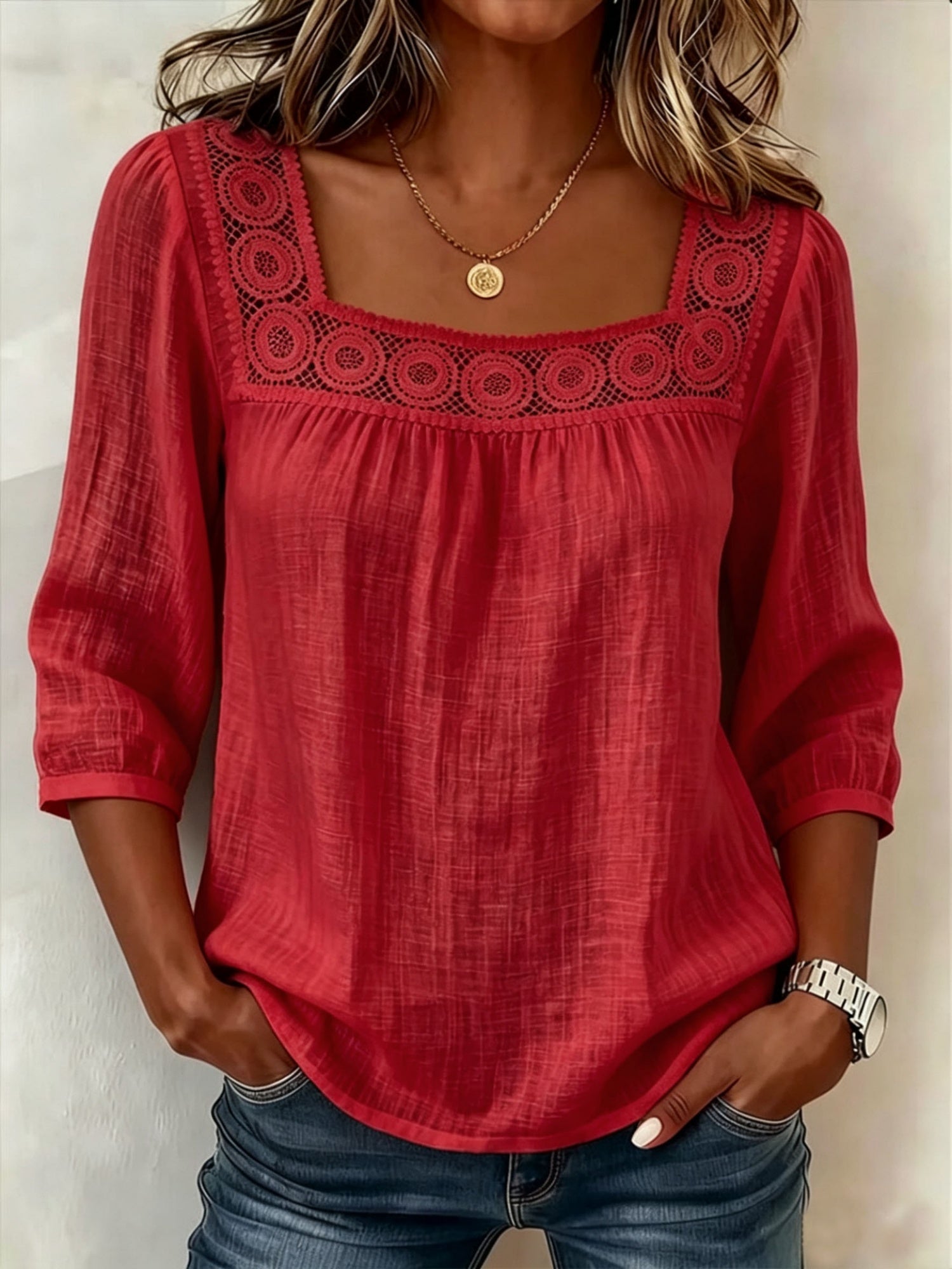Lace Trim Cotton And Linen Square Neckline And Three-quarter Sleeves T-shirts