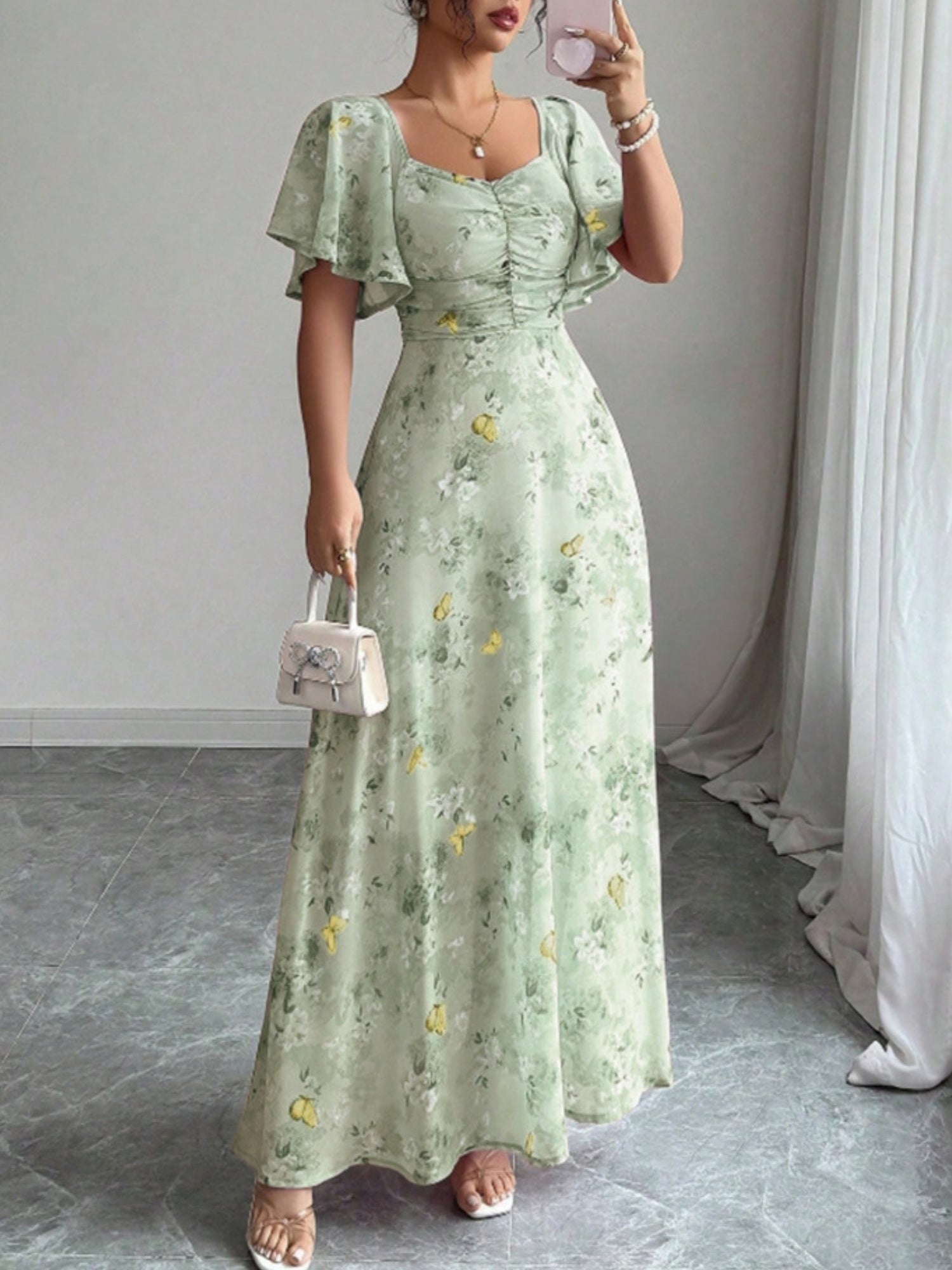 Butterfly Print Lotus Leaf Sleeves Pleated Slim Fit Maxi Dresses