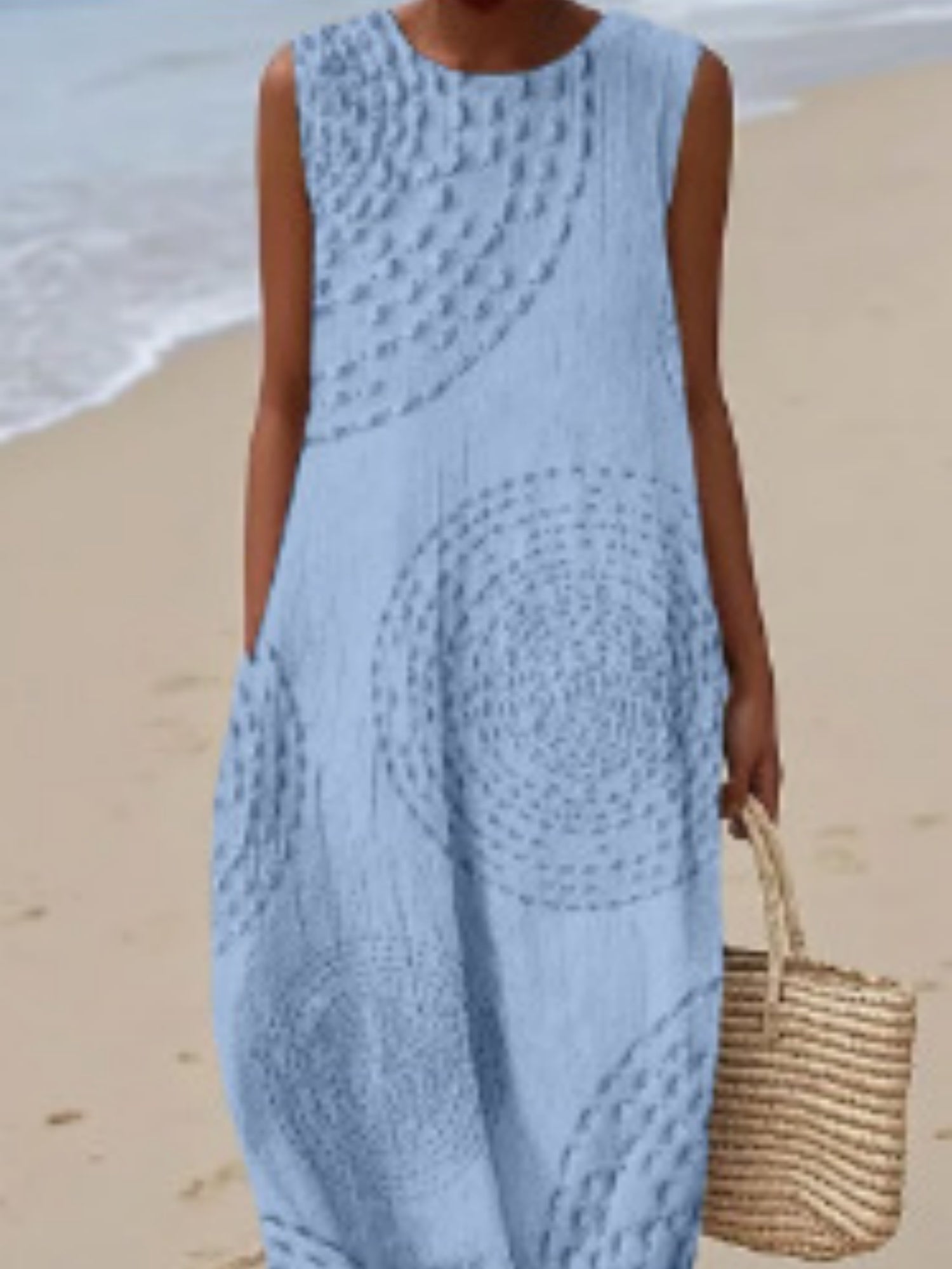 Printed Pocket Round Neck Sleeveless Maxi Dresses