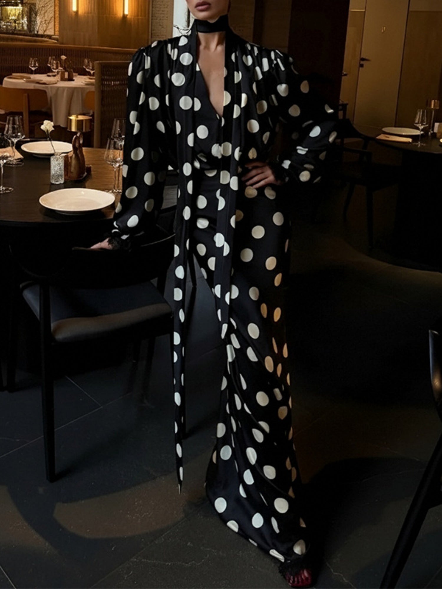 Polka Dots V-neck Puff Sleeves Waist Shaping Maxi Dresses