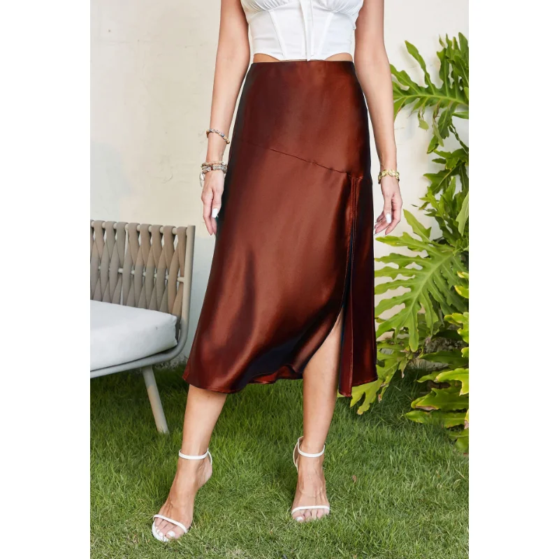 Ootddress Satin High Waist Slim Long Skirt Patchwork For Women Split Elegant Fashion High Street Solid Maxi Skirt Summer Maxi Skirt