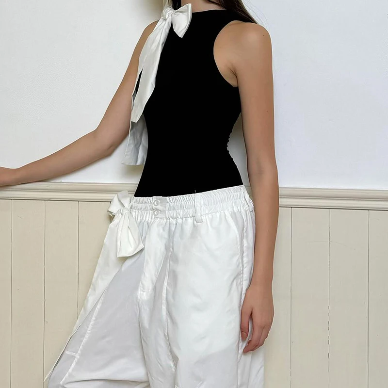 Fashion Slim Fit Sleeveless High Neck One Line Shoulder Bow Bodysuit - Women's Sexy Versatile Pullover