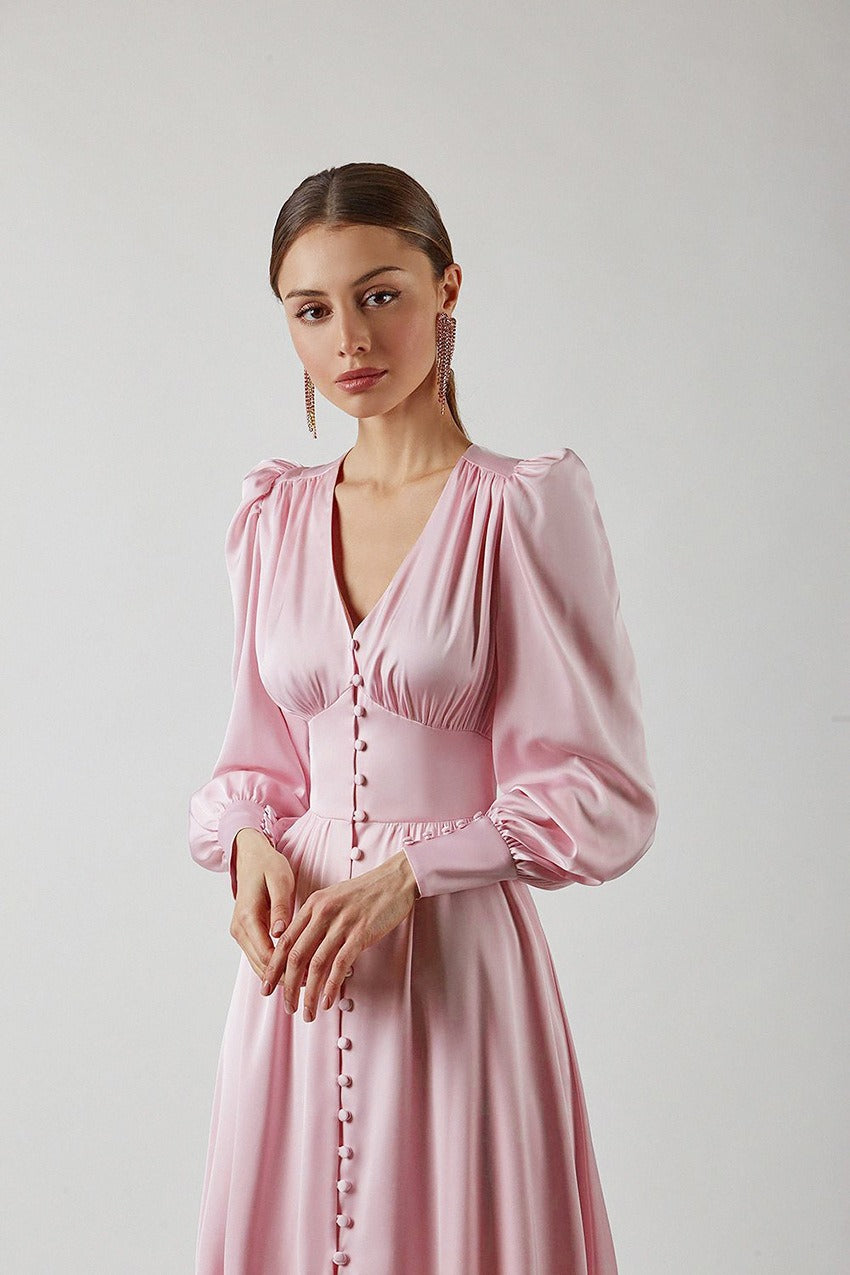Deep V-Neck Lantern Sleeve Button Front Cinched Waist Satin Midi Dress