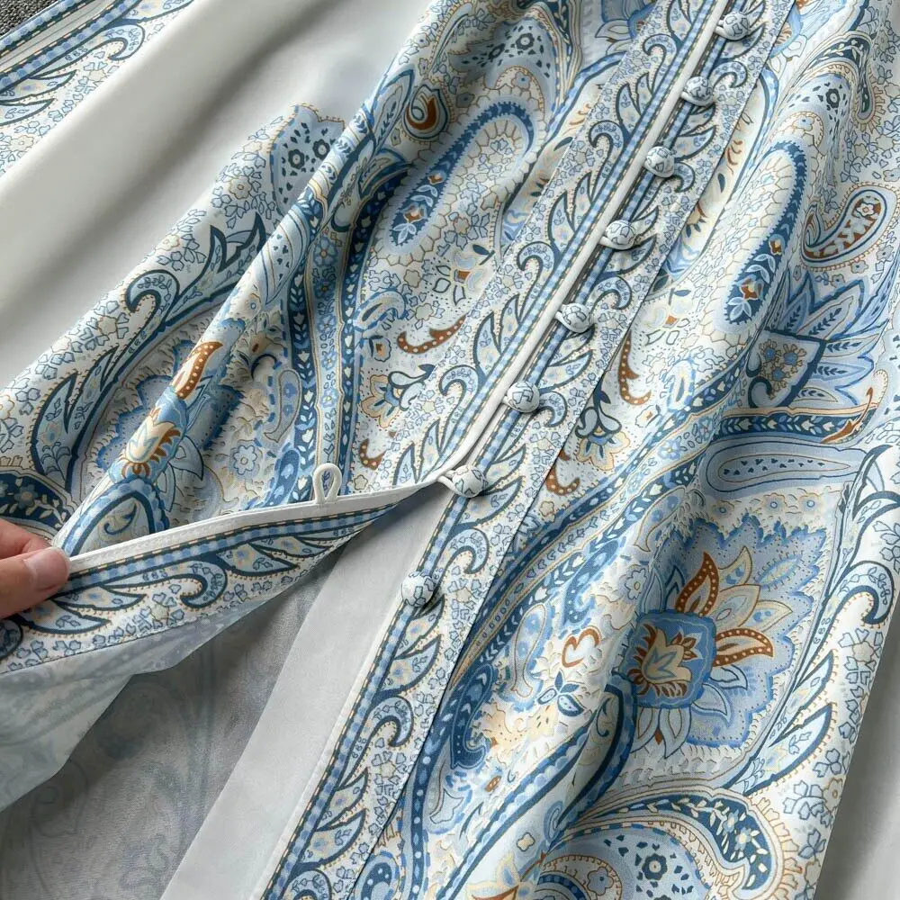New Women Vintage Party Dress Fashion Long Sleeve Single Breasted Stand Collar Elegant Printed Long Dresses Spring Autumn Robe