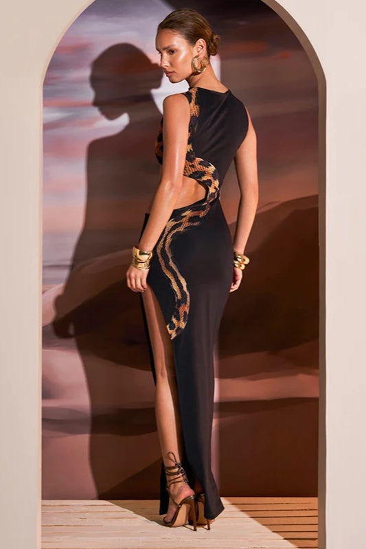 Snake Print Waist Cutout High Slit Sleeveless Bodycon Maxi Dress