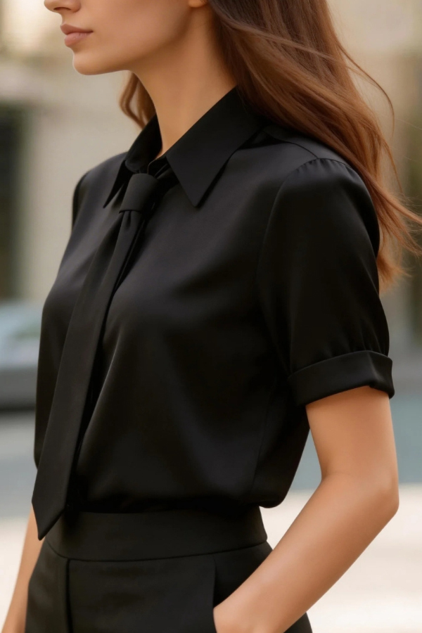 Solid Color Collared Tie Short-sleeved Casual Shirt