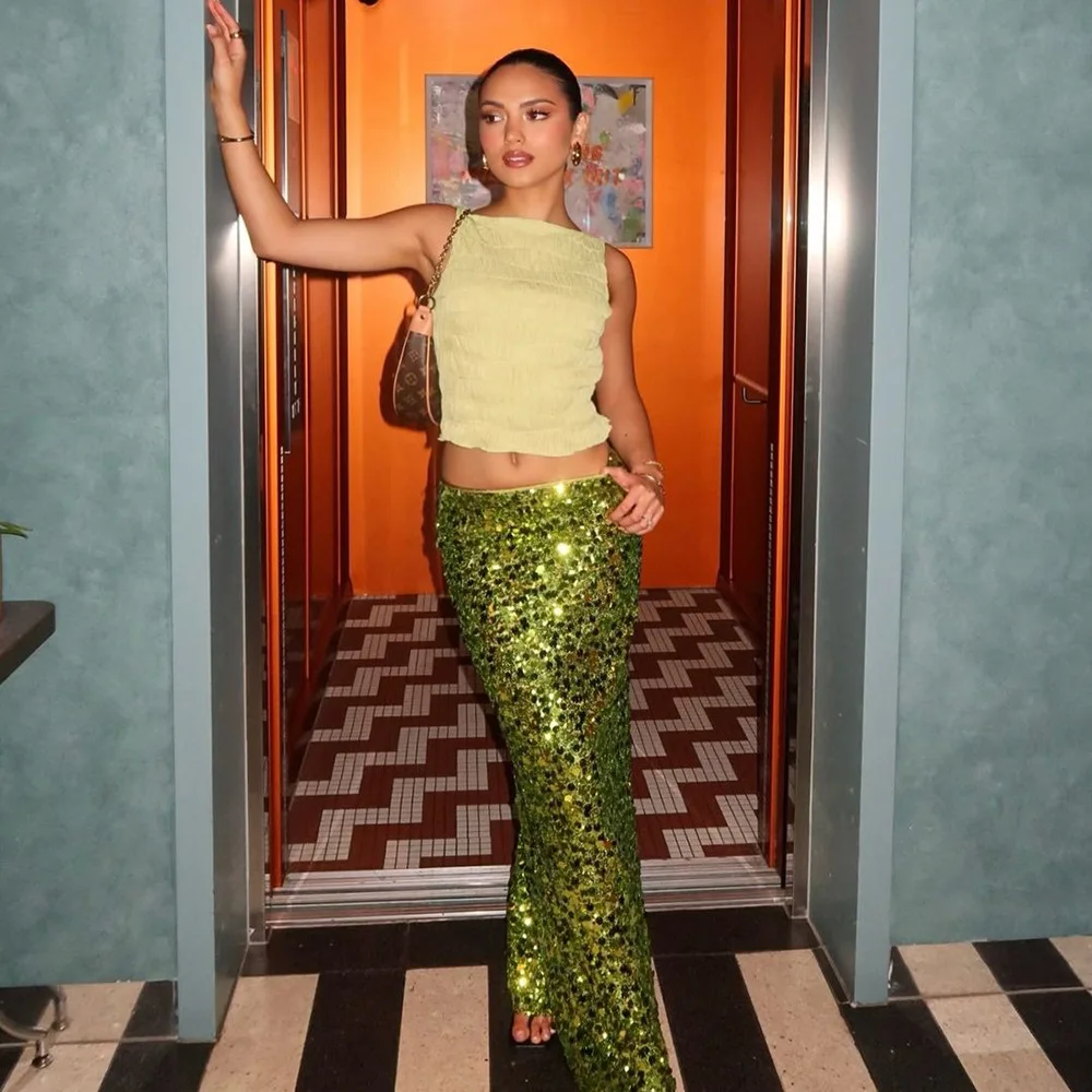 Ootddress Fashion Glitter Sequin Maxi Skirt For Women Slim Patchwork Sexy Party Looks Solid Shiny Metallic Luxury Ladies Long Skirt