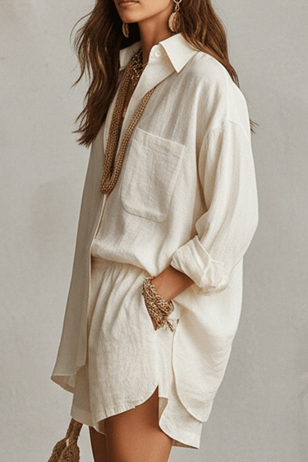 Linen Blend Loose-fitting Long-sleeved Collared Shirt and Elastic Waist Casual Pocket Shorts Set