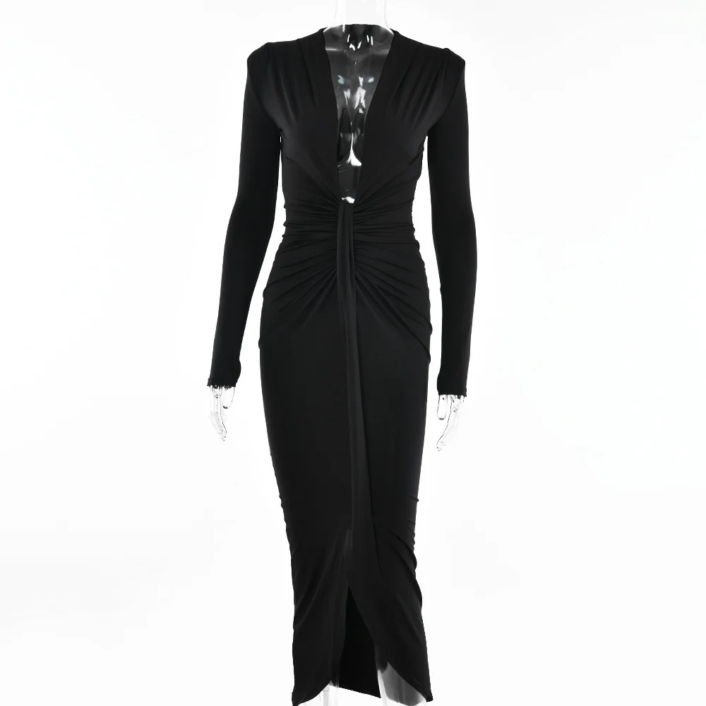 Ootddress Elegant Deep V Neck Full Sleeve Long Dress For Women Robe Fashion Autumn New Irregular Ruched Bodycon Midi Dress